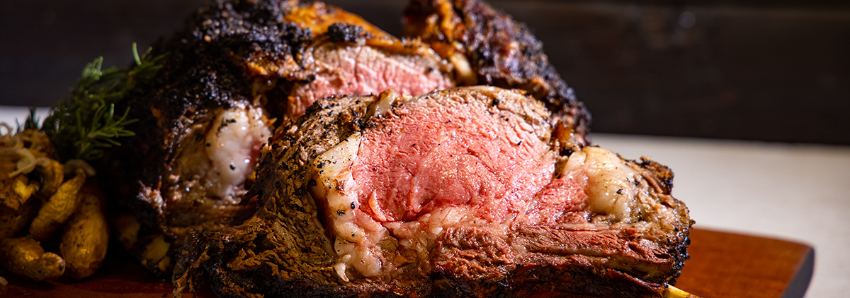 close up of sliced rib roast, rare